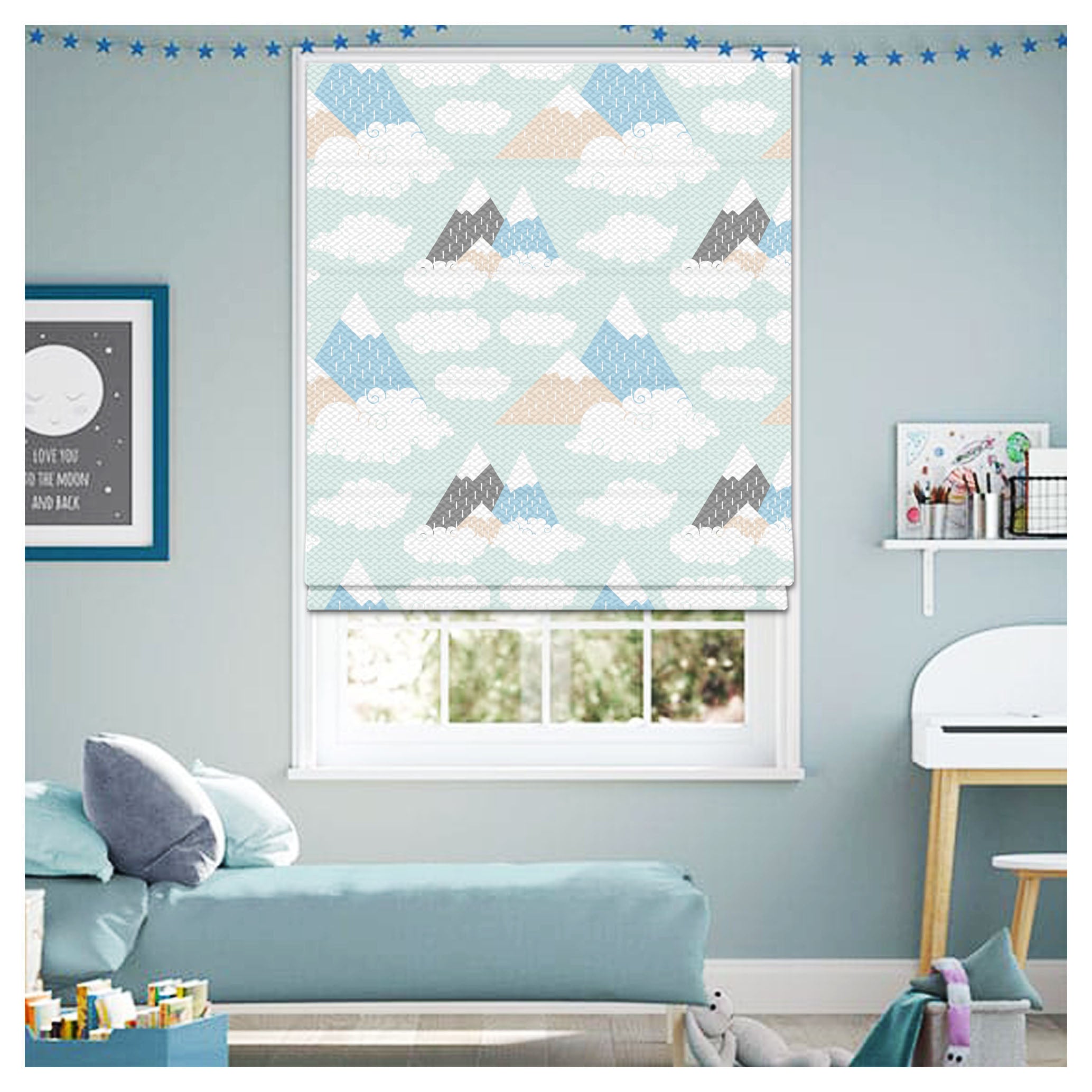 Mountain and Clouds Landscape Nursery Window Roman Shade – Art Shades