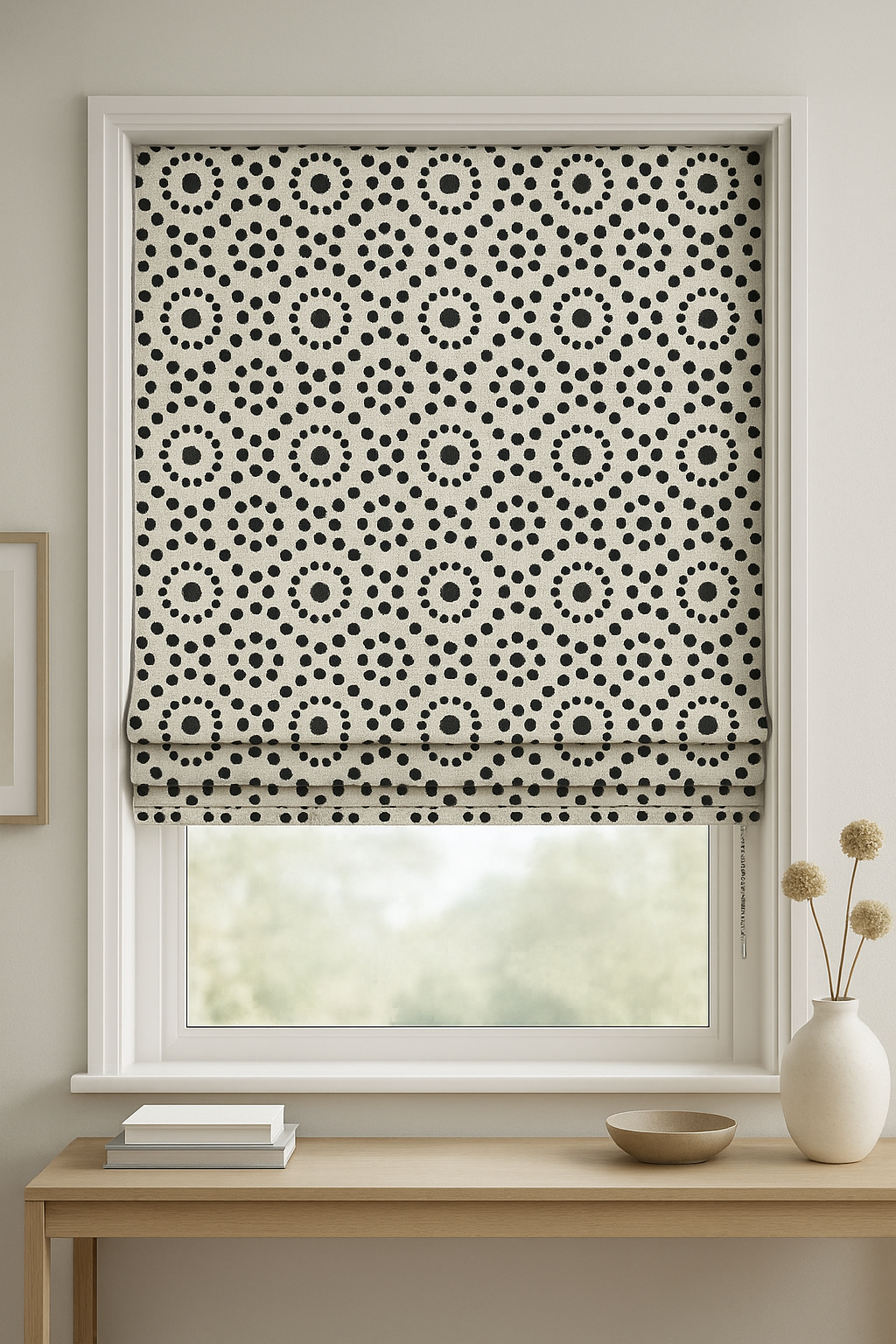 Geometric Minimal Bloom Black & White Pattern Window Roman Shade
