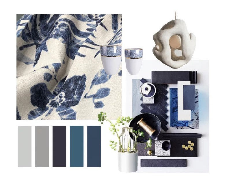 Indigo Floral Foliage Print Window Curtains Drapery
