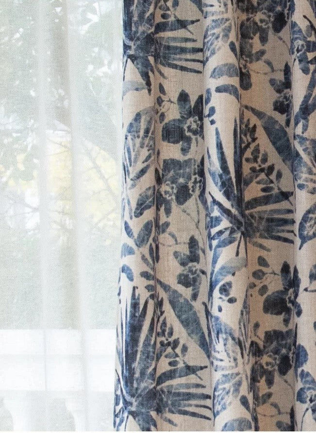 Indigo Floral Foliage Print Window Curtains Drapery