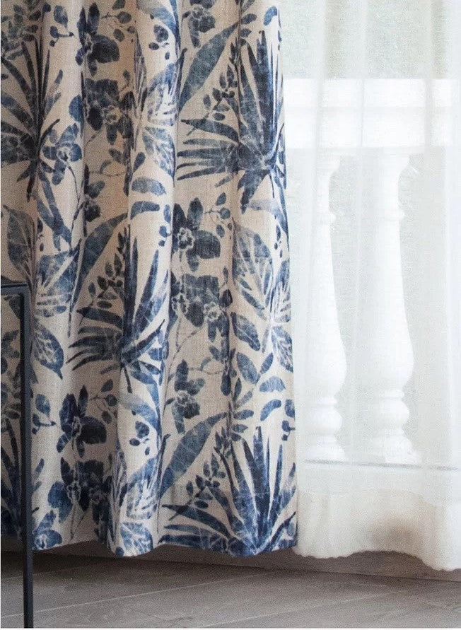 Indigo Floral Foliage Print Window Curtains Drapery