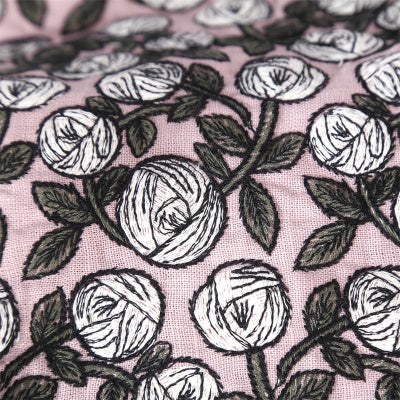Linen Flower Roses Embroidery Mid Century Roman Shade
