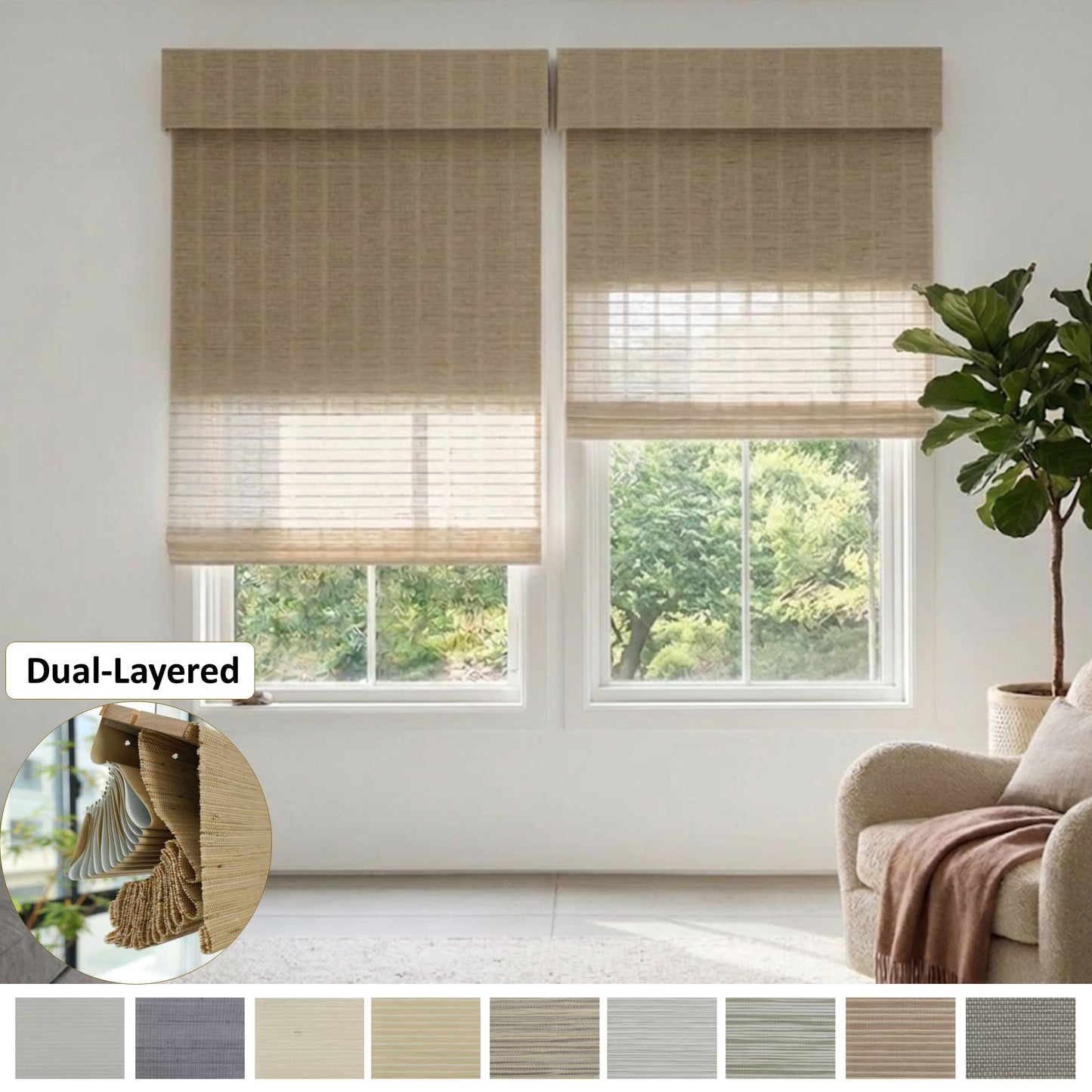 Dual-layered Blackout Light Filter Natural Linen Window Roller Shade