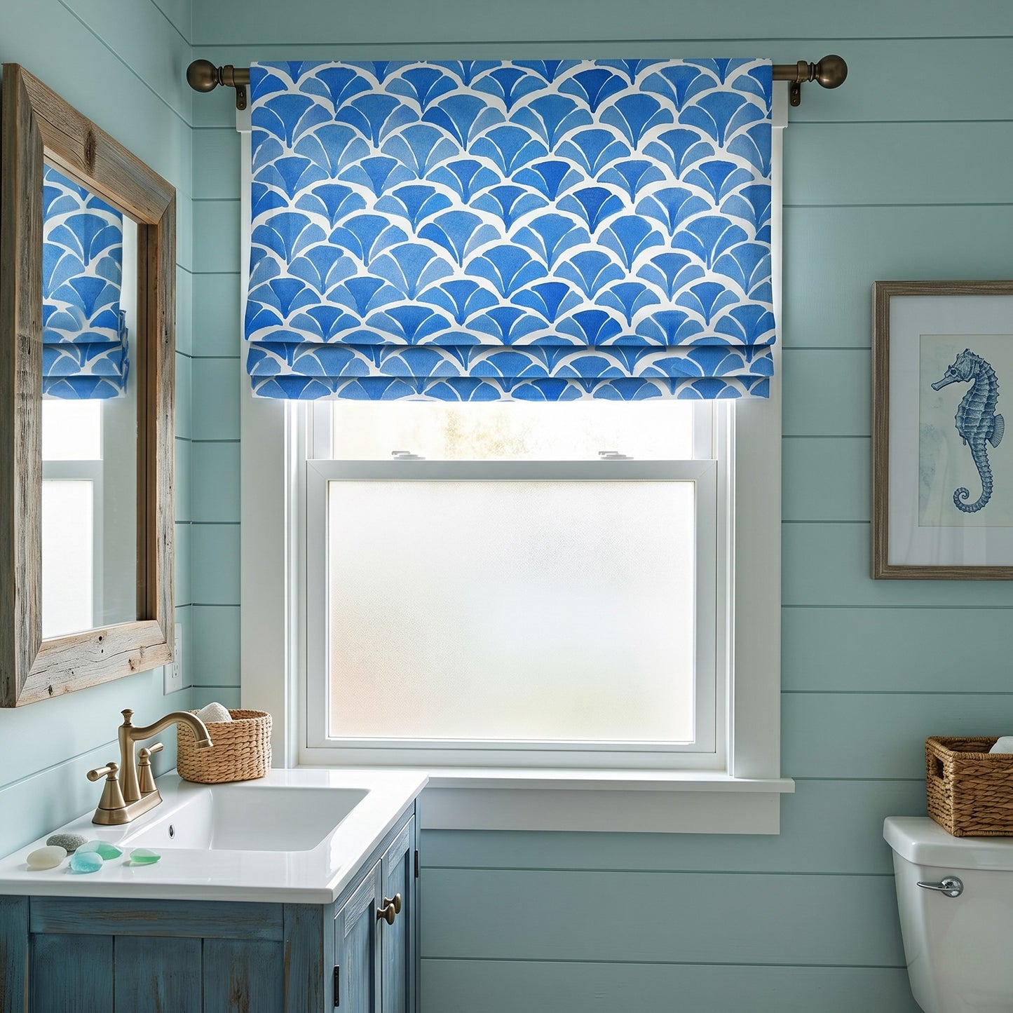 Watercolor Santorini Sea Fan Roman Shade Valance