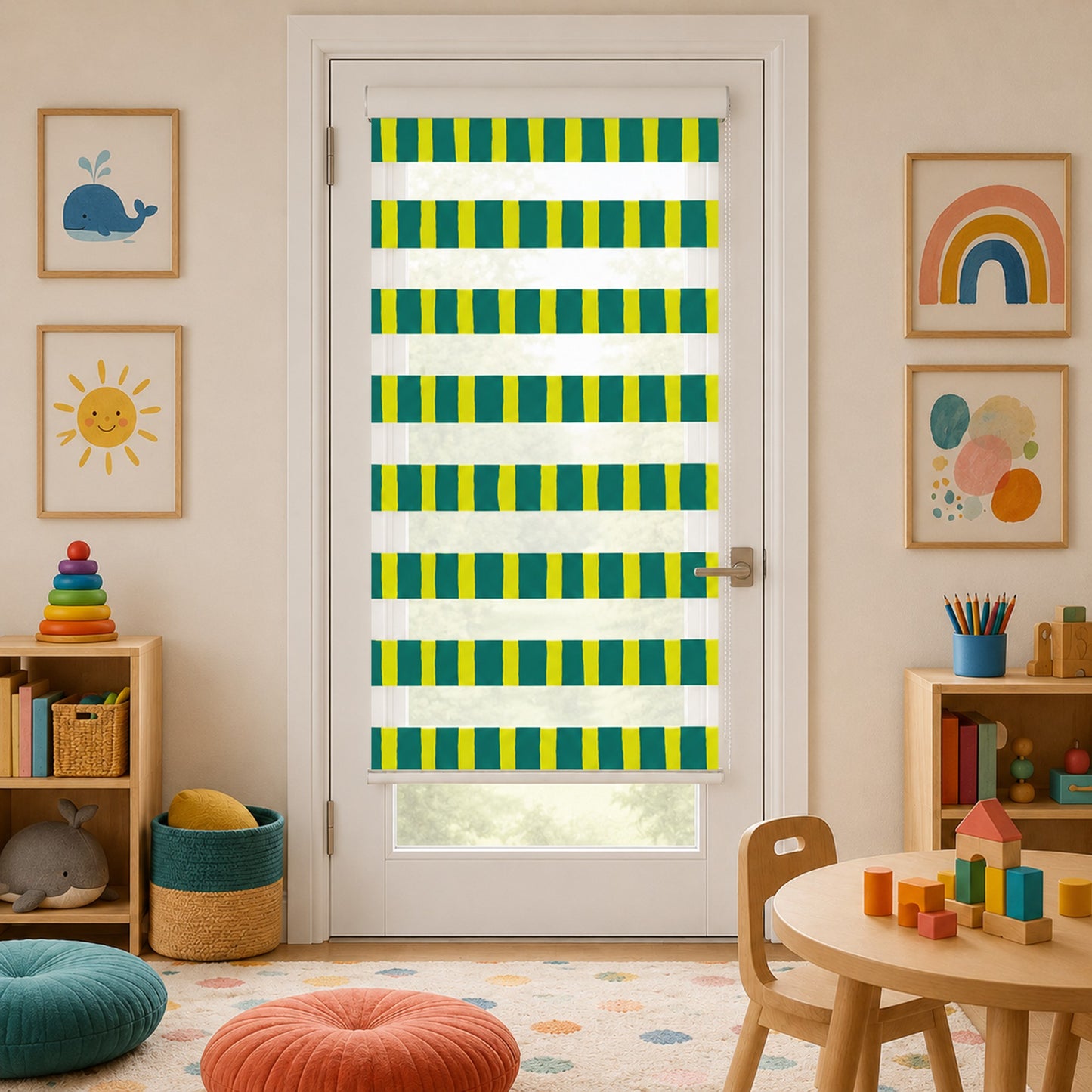Lemon Teal Hand-Drawn Grid Window Zebra Roller Shades with Valance