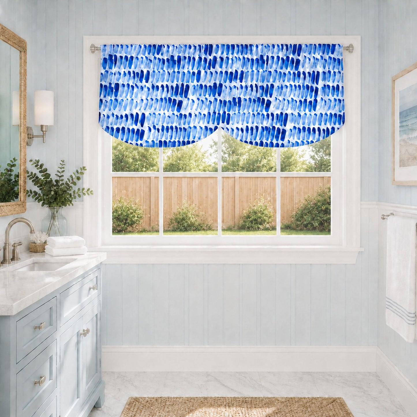 Coastal Blue Watercolor Brushstroke Scallops Wave Valance