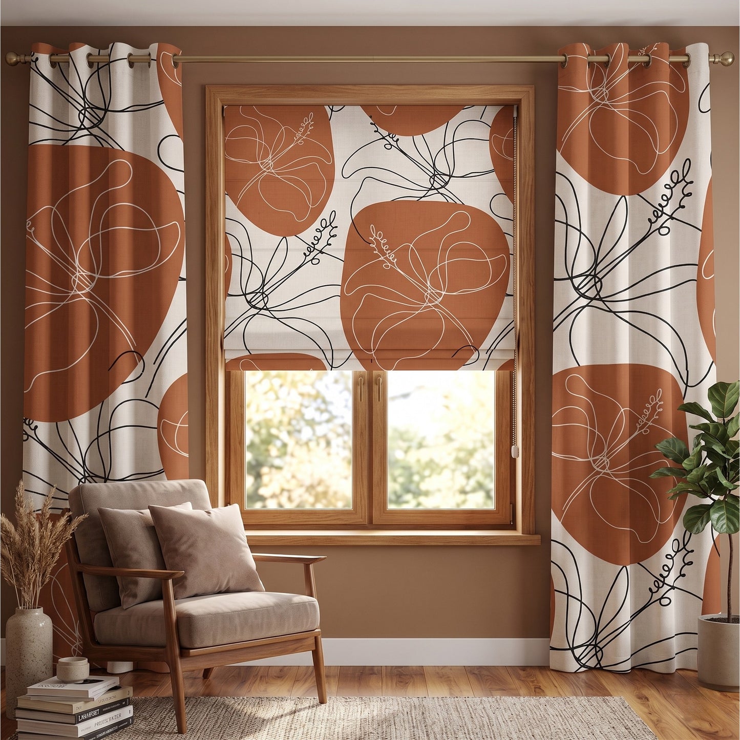 Modern Abstract Hibiscus Earthy Terracotta Window Roman Shade