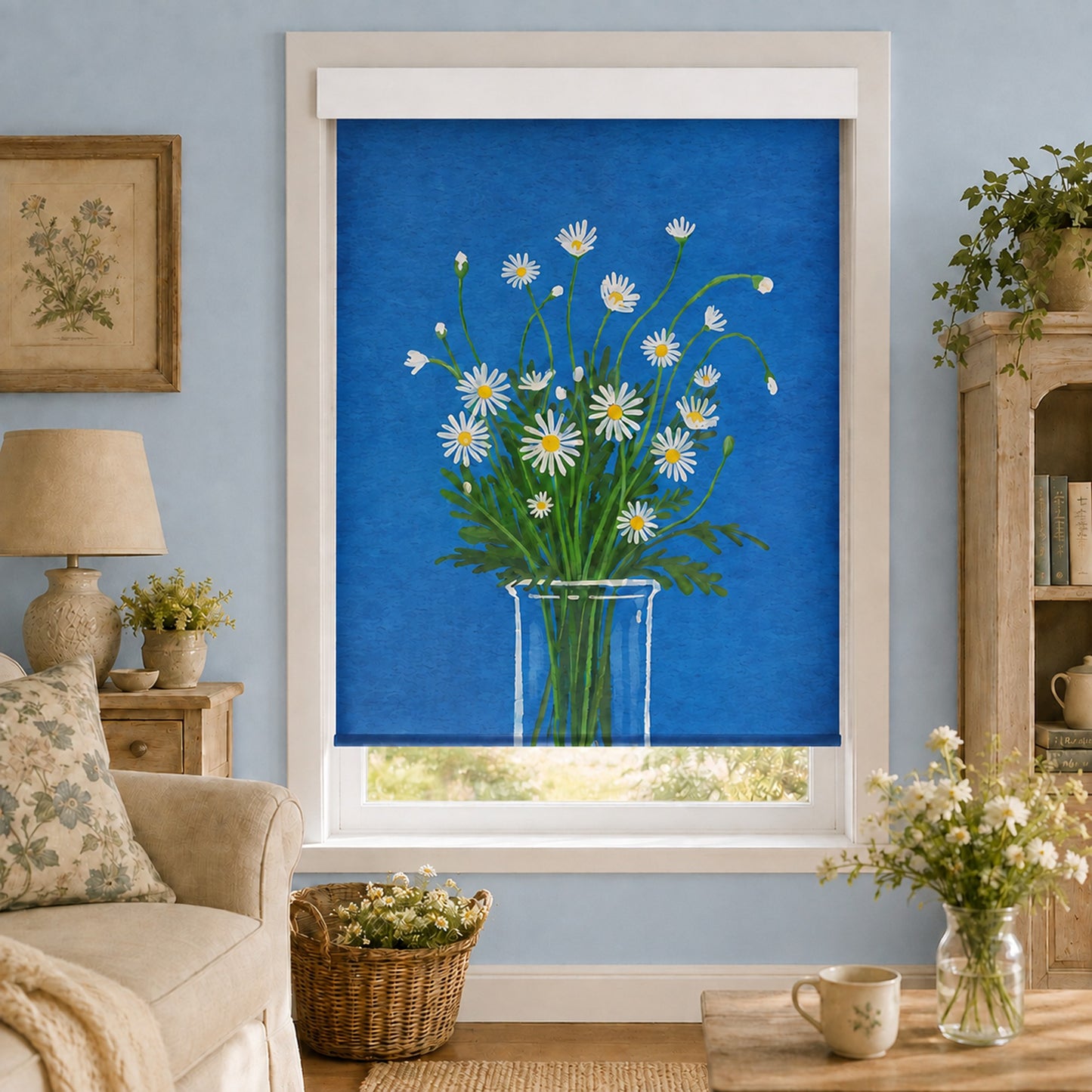 Vibrant Blue Wildflower Daisy Bouquet Window Roller Shade