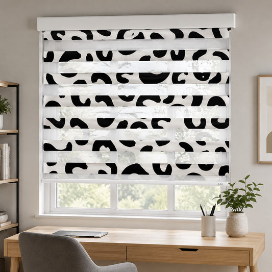 Black & White Abstract Dual Layered Window Zebra Roller Shades with Valance