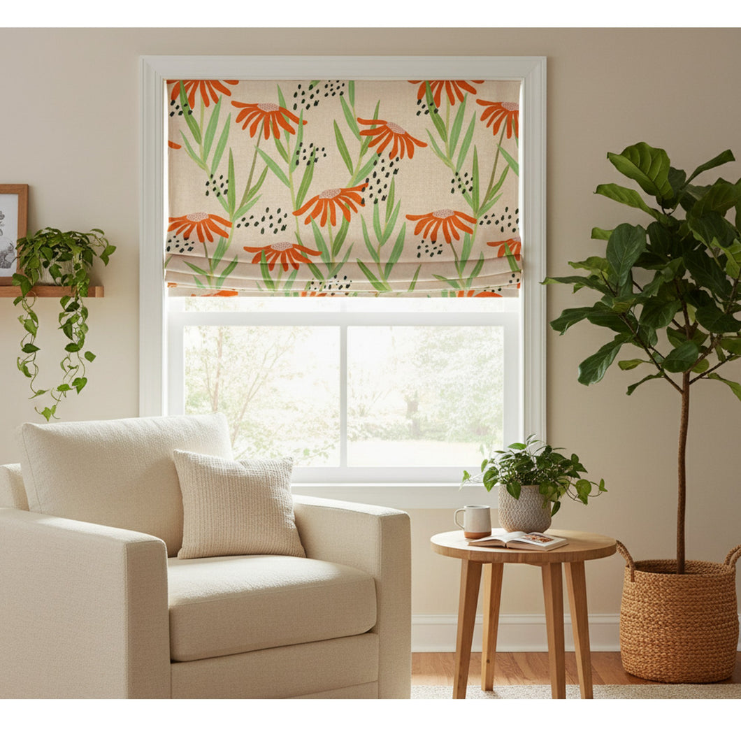 Garden Whimsy Orange Coneflower Meadow Window Roman Shade