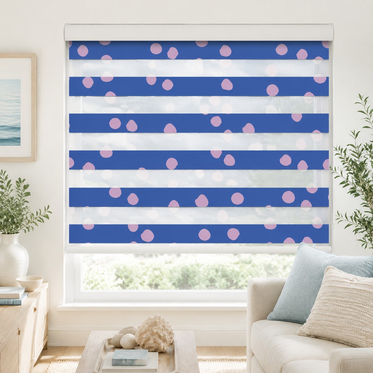 Blue and Pink Polka Dot Dual Layered Window Zebra Roller Shades with Valance