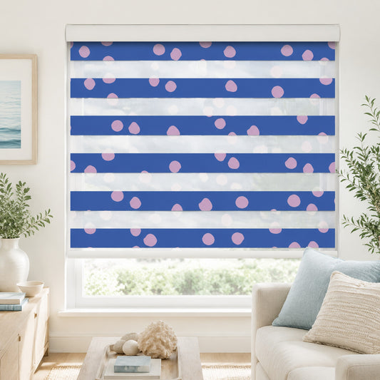 Blue and Pink Polka Dot Dual Layered Window Zebra Roller Shades with Valance