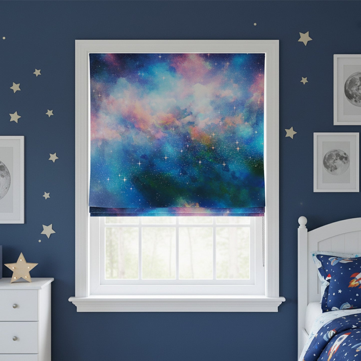 Magical Starry Blue Galaxy Sky Window Roman Shade