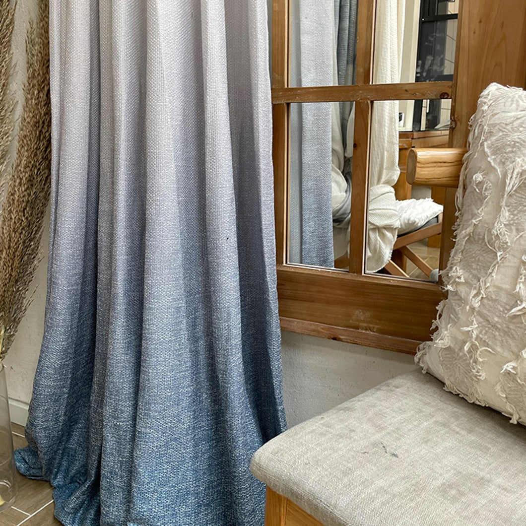Ombre Blue Two Tones Fabric Linen  Window Curtains Drapery