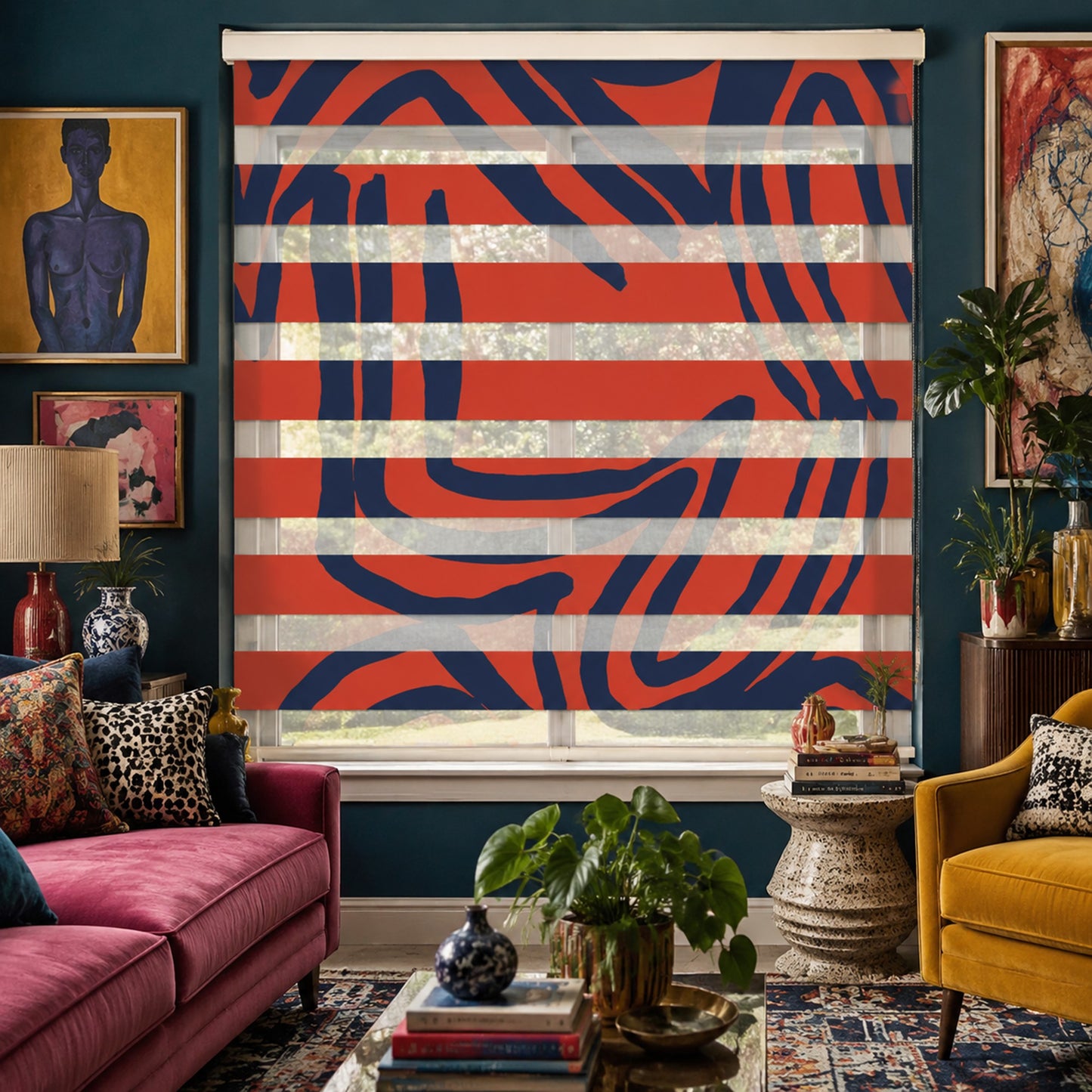 Abstract Red-Navy Flow Dual Layered Window Zebra Roller Shades with Valance