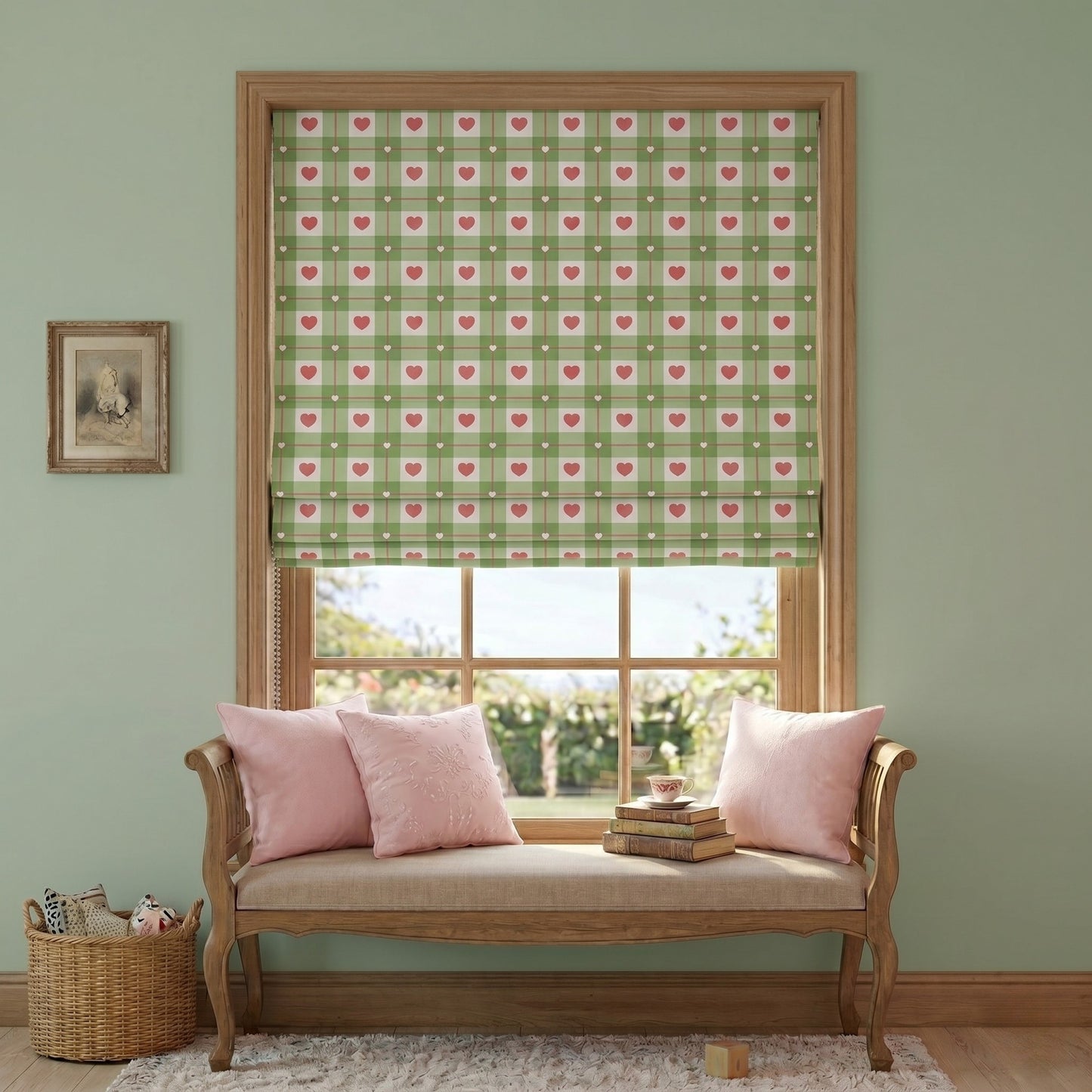 Cottagecore Sage Heart Plaid Window Roman Shade