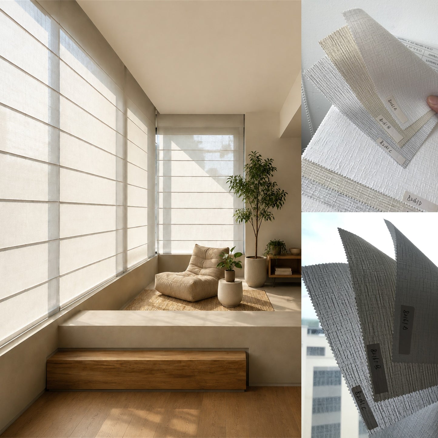 Weave Textured Light Filtering Flat Fold Roman Shade with Back Battens