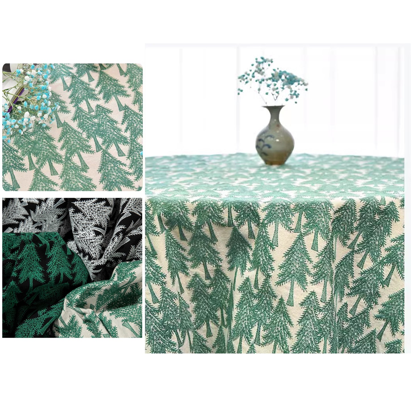 Linen Pine Tree Embroidery Roman Shade