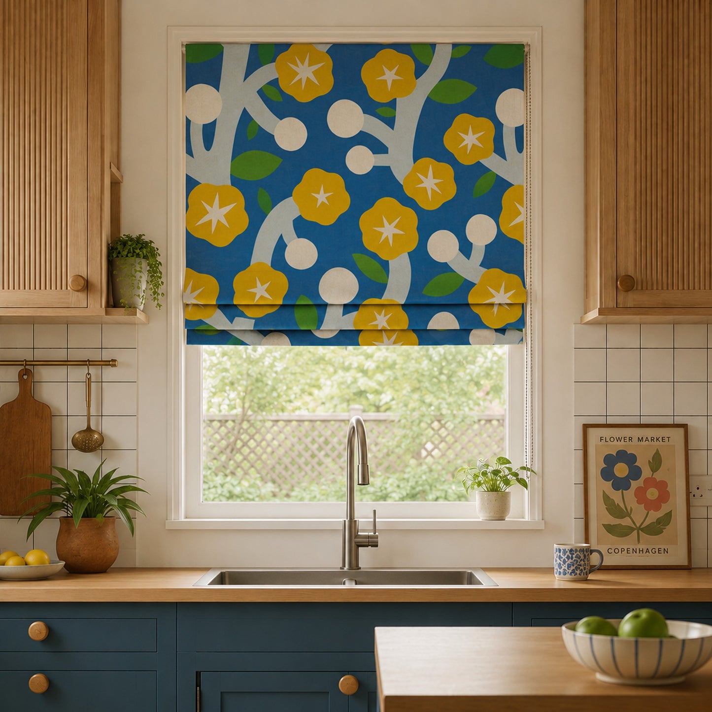 Nordic Folk Flower Modern Blue & Yellow Window Roman Shade