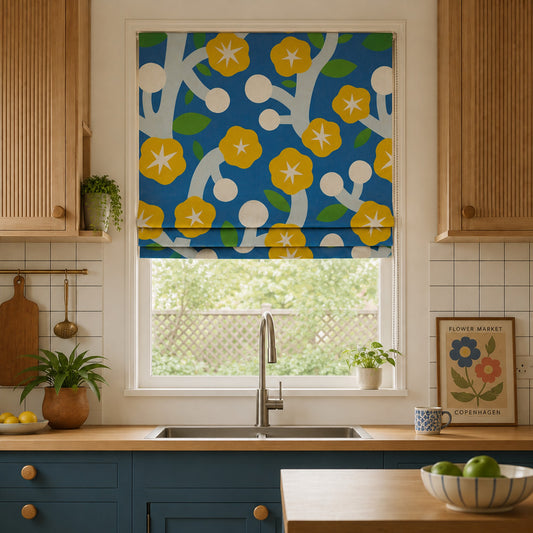 Nordic Folk Flower Modern Blue & Yellow Window Roman Shade
