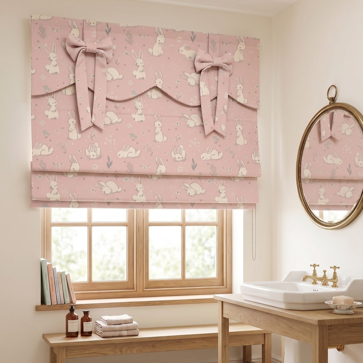 Pastel Blush Bunny Ribbon Bows Valance Window Roman Shade