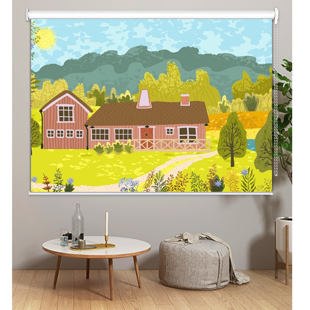 Mountain Farm House by River Painting Window Roller Shade