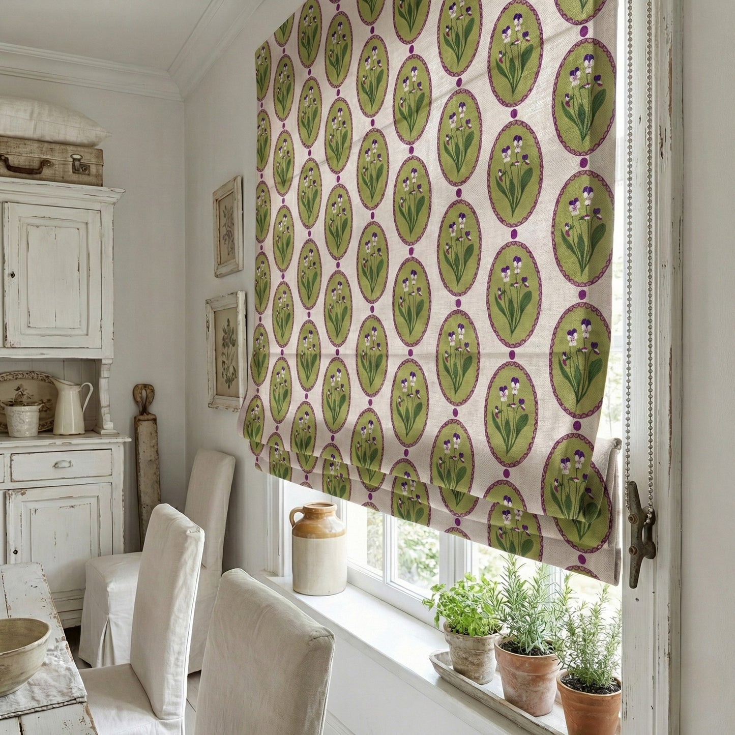 Vintage Pansy Botanical Medallion Window Roman Shade
