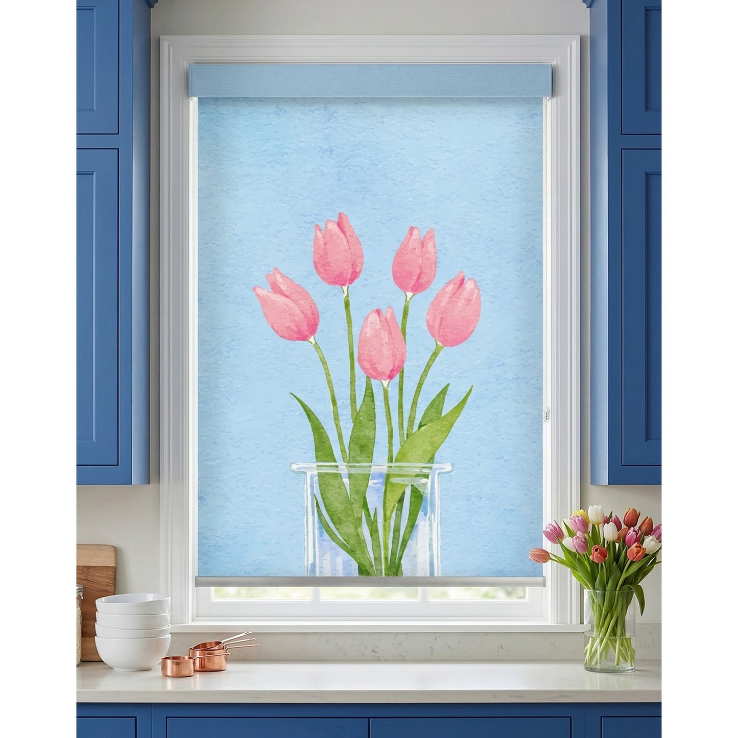 Azure Bloom Tulip Watercolor Window Roller Shade