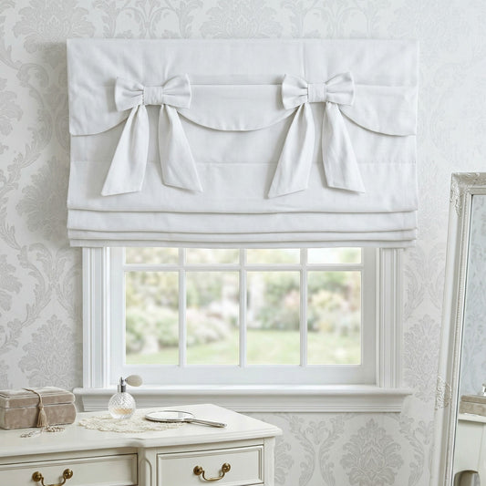 White Linen Ribbon Bows Valance Window Roman Shade