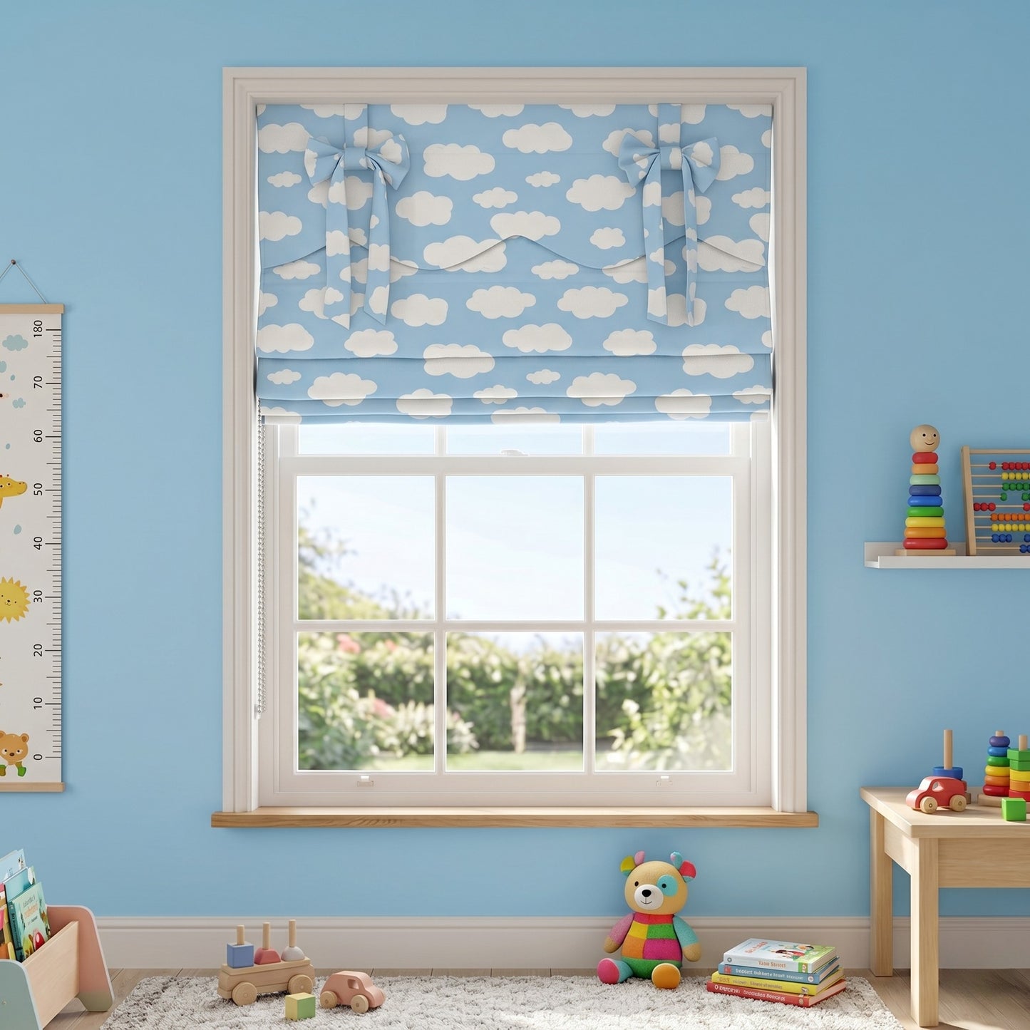 Dreamscape Blue Sky Clouds Ribbon Bows Valance Window Roman Shade