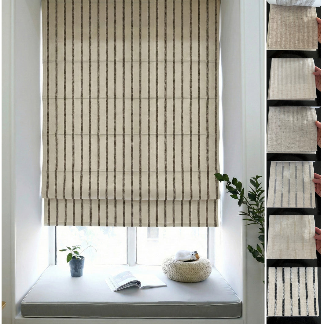 Handwoven Neutral Linen Embroidery Stripe Window Roman Shade