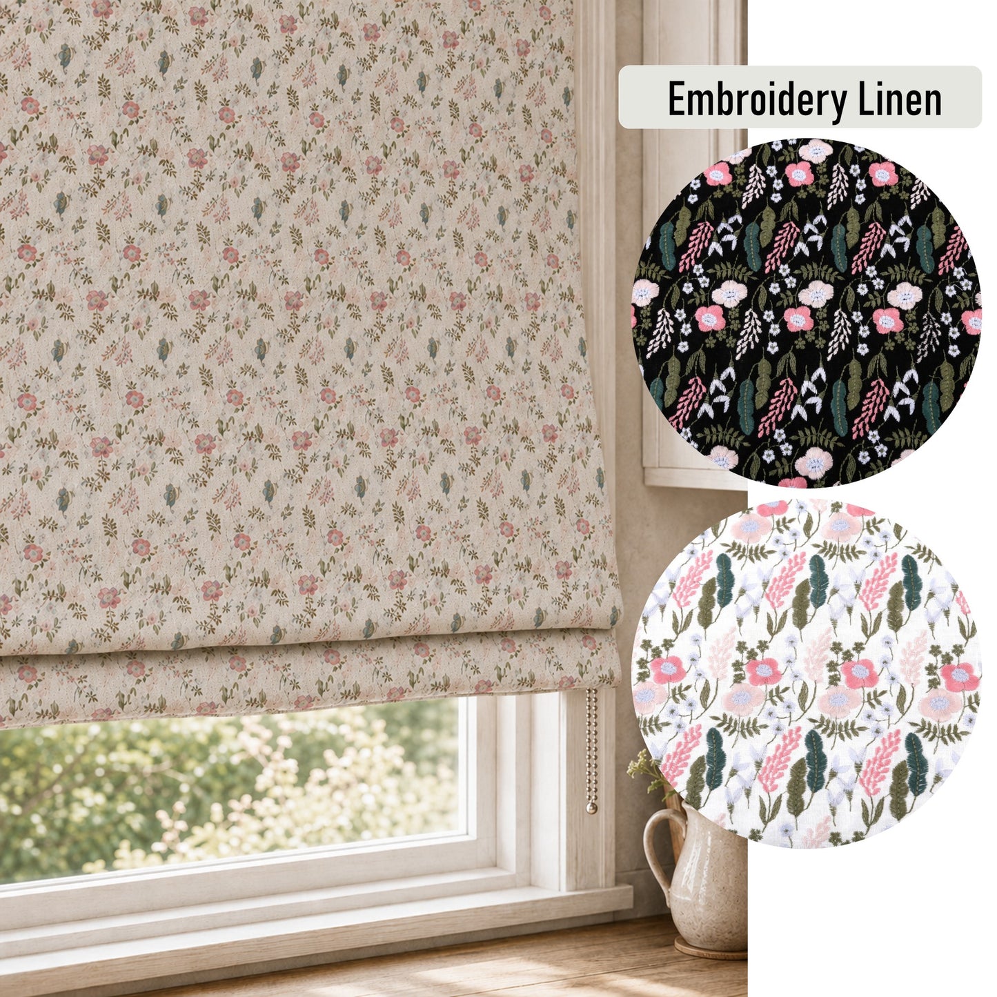 Wildflower Meadow Embroidered Linen Window Roman Shade