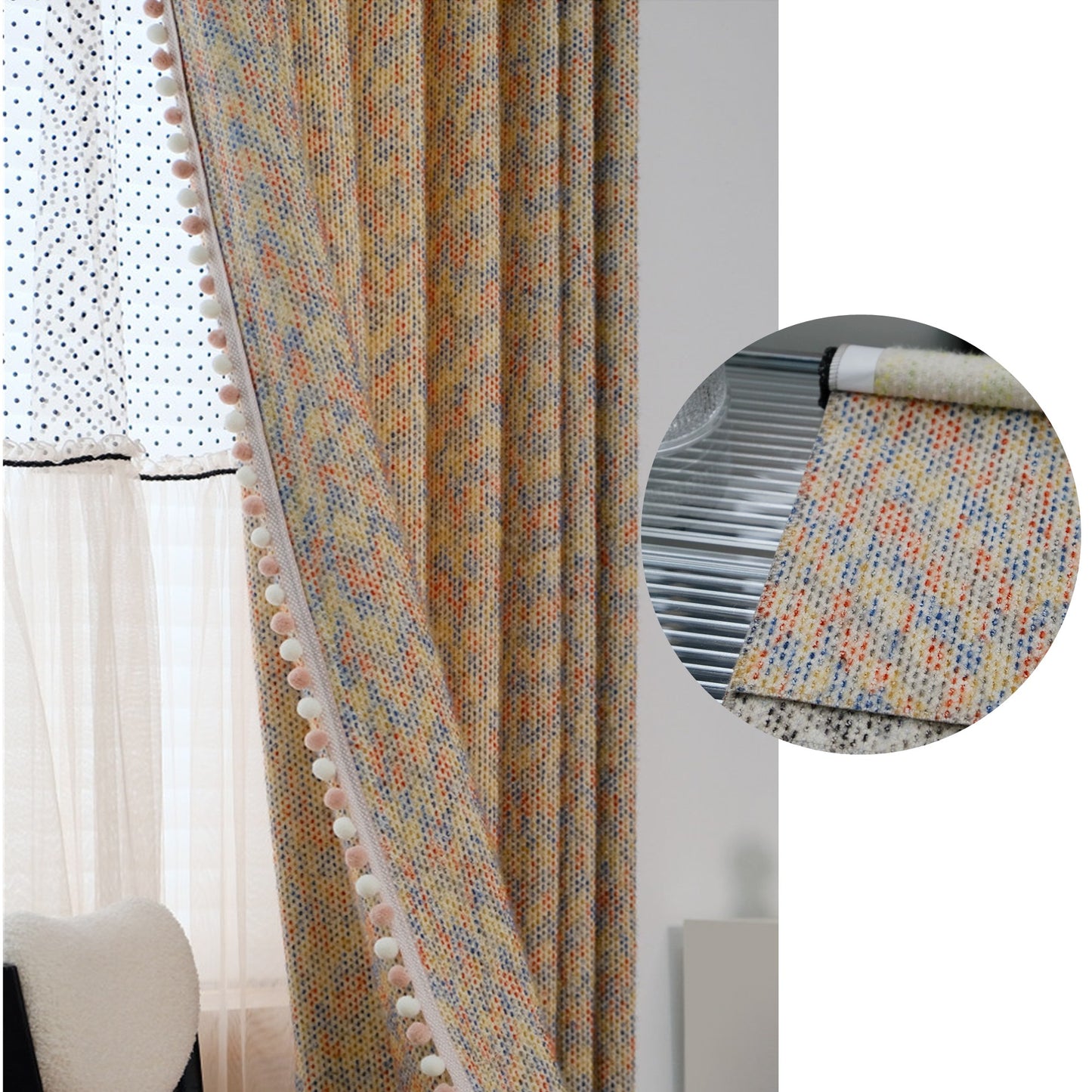 Boho Multicolor Tweed Drapery Curtains with Pom Pom Trim