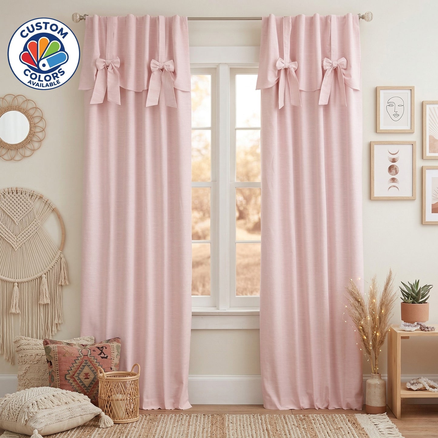 Nursery Bows Shabby Chic Romantic Window Drapery Curtains, Custom Colors Available