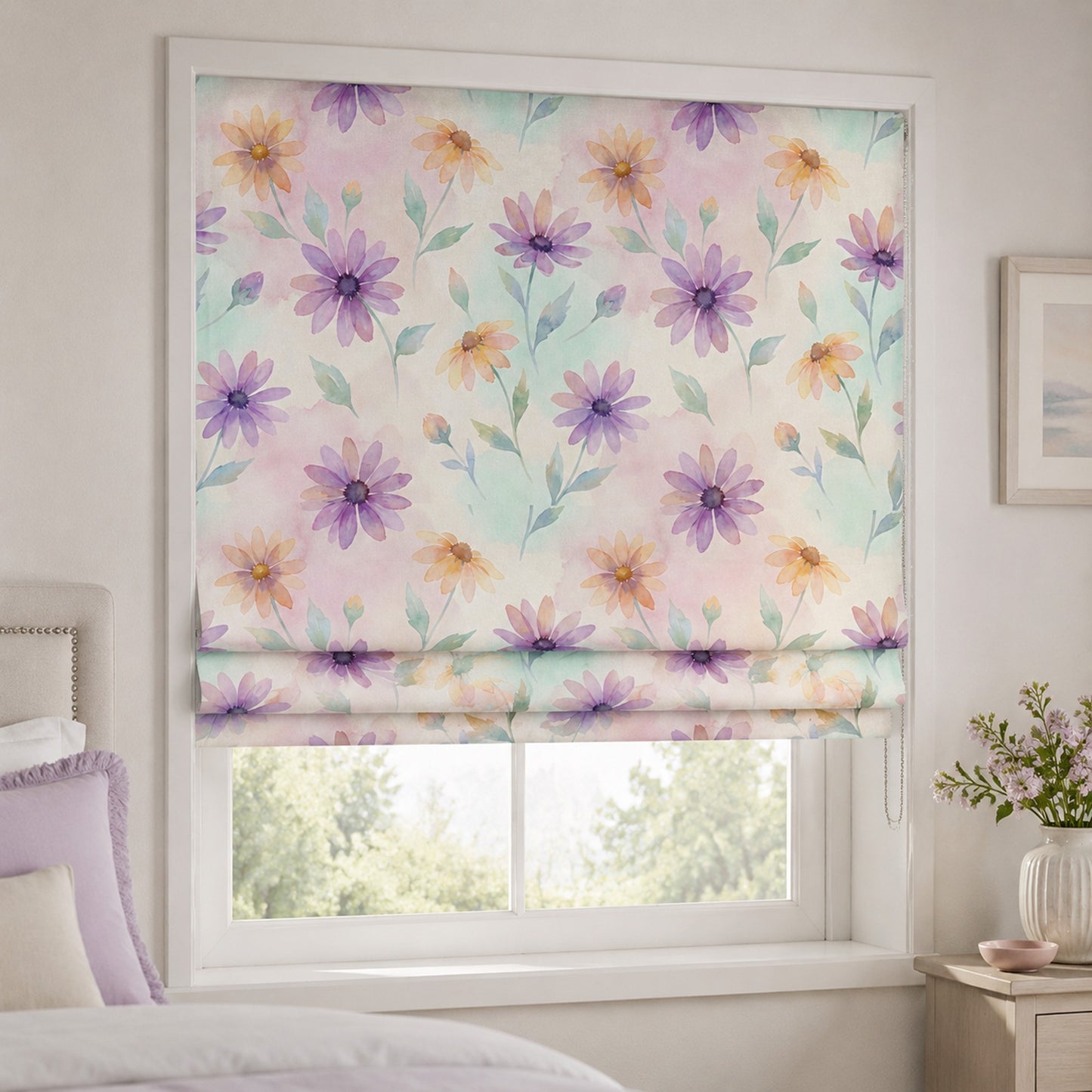 Pastel Watercolor Floral Window Roman Shade