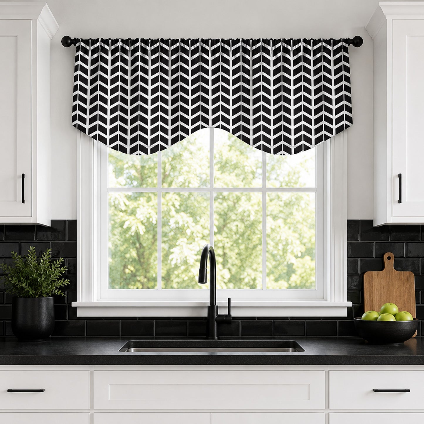 Modern Herringbone Black and White Scallops Wave Valance