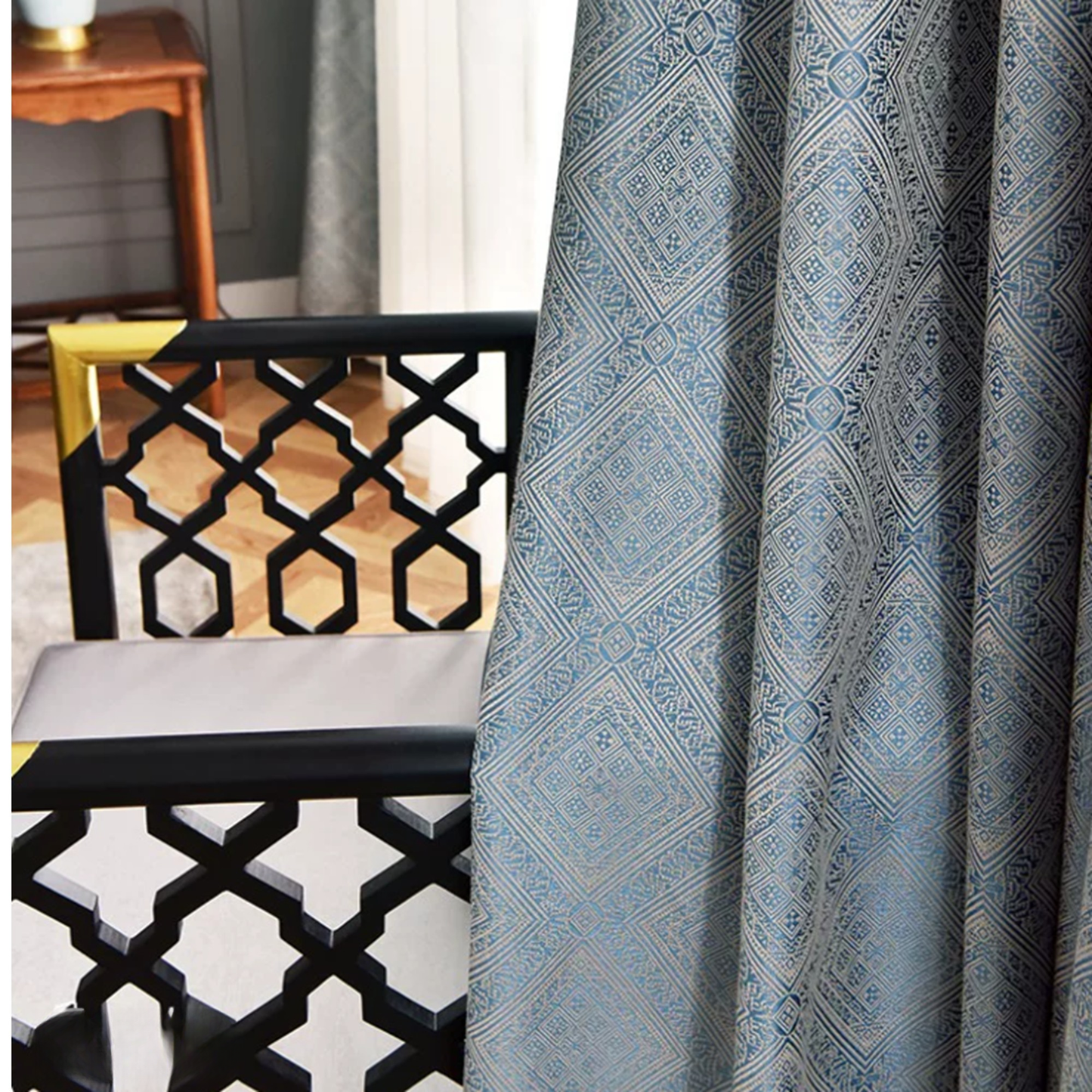Bohemian Blue Geometric Ikat Window Curtains Drapery