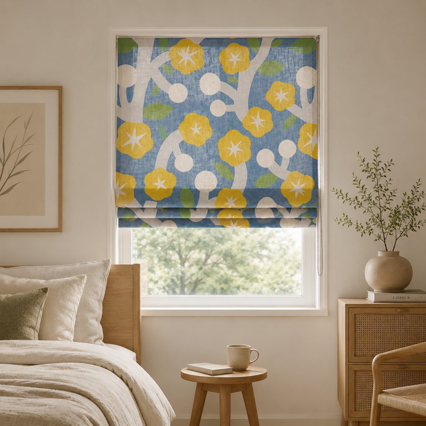 Nordic Folk Flower Modern Blue & Yellow Window Roman Shade