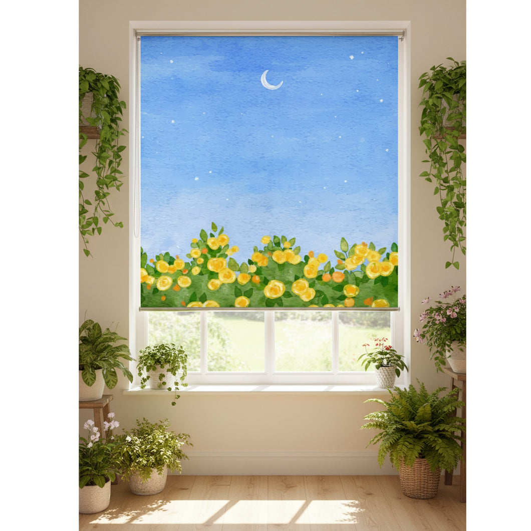 Crescent Over Yellow Blooms Window Roller Shade