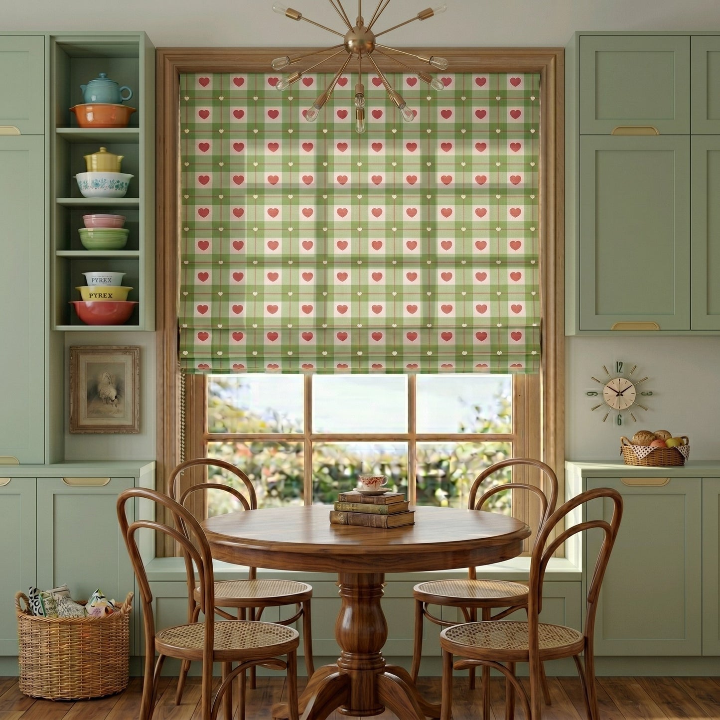 Cottagecore Sage Heart Plaid Window Roman Shade