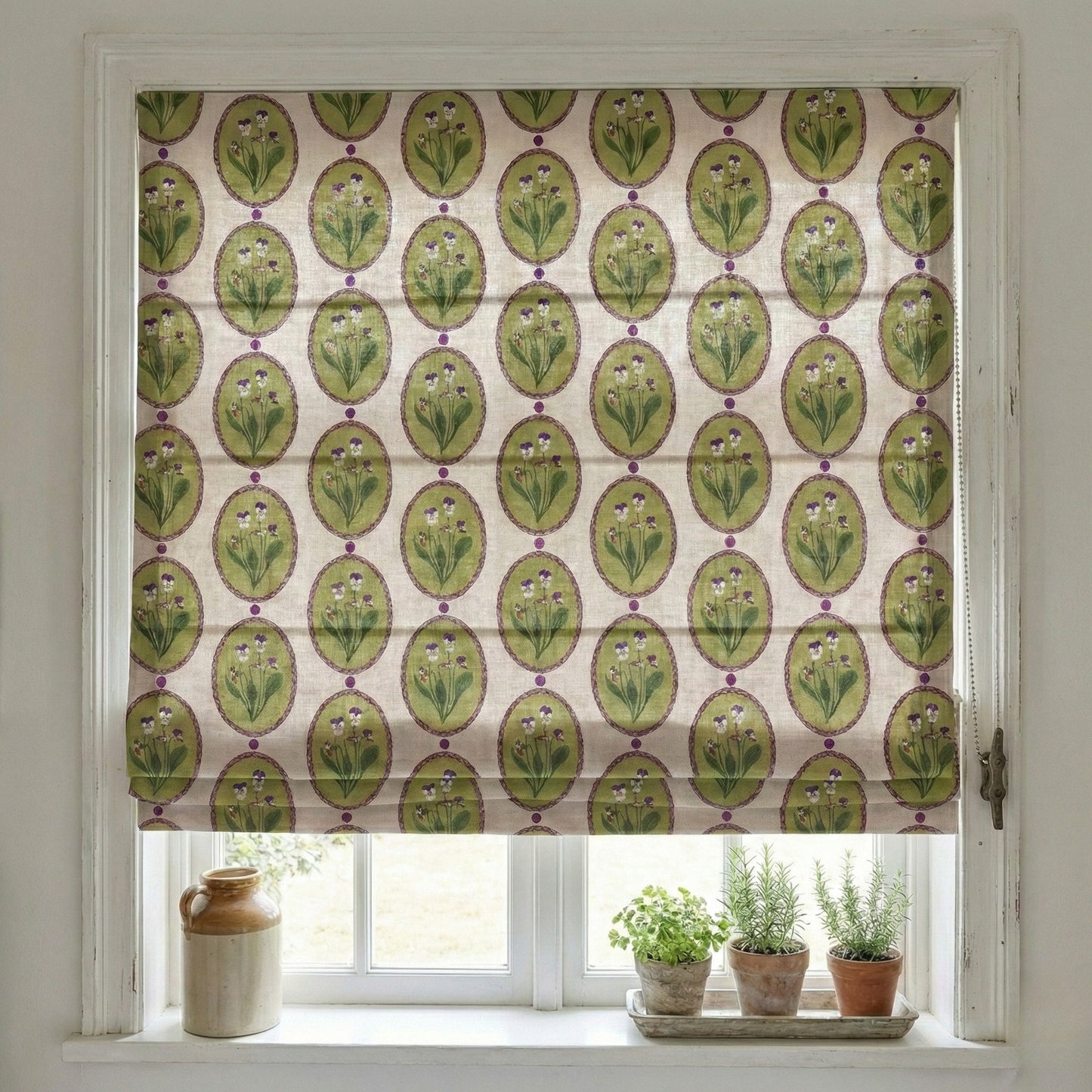 Vintage Pansy Botanical Medallion Window Roman Shade