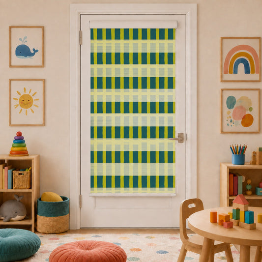 Lemon Teal Hand-Drawn Grid Window Zebra Roller Shades with Valance