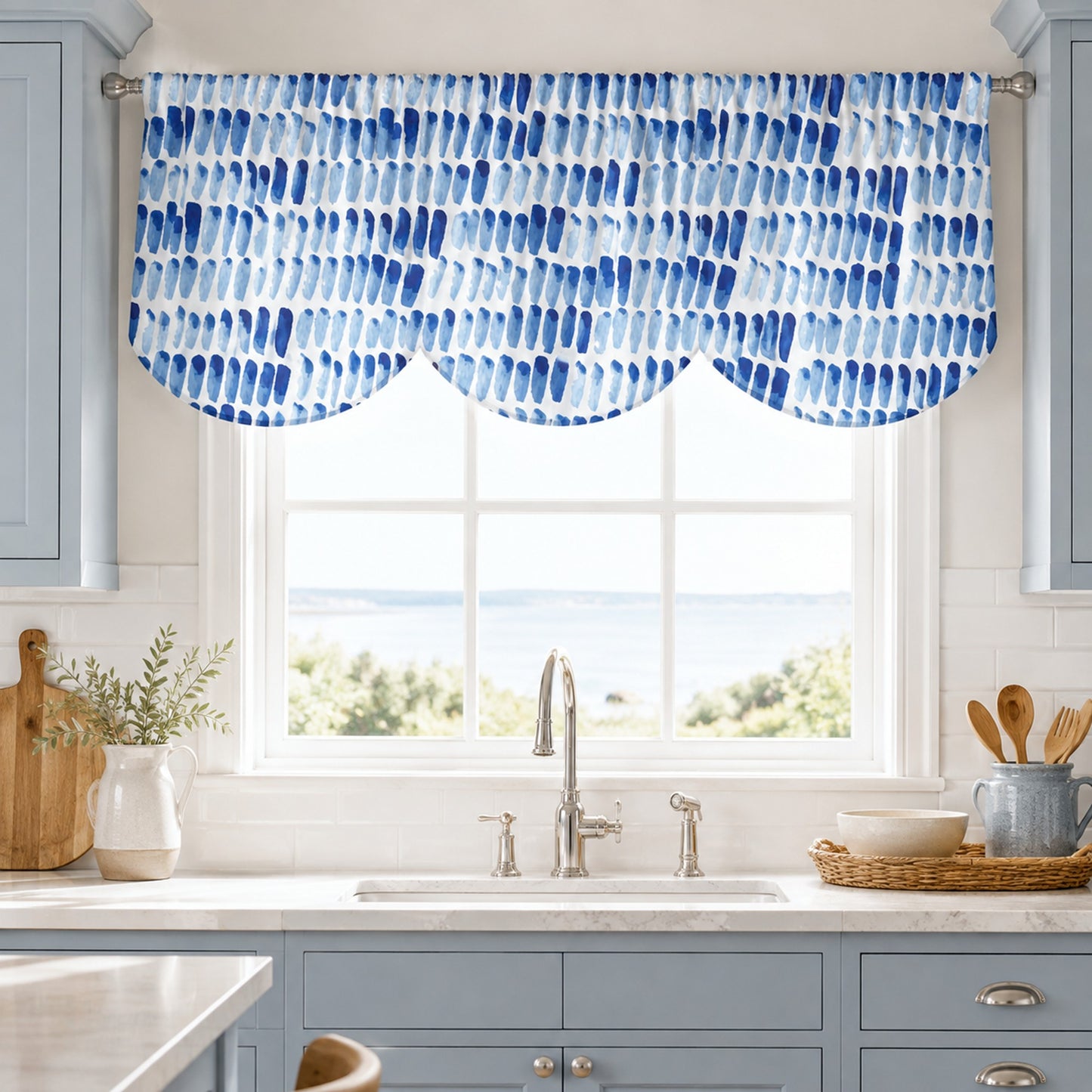 Coastal Blue Watercolor Brushstroke Scallops Wave Valance