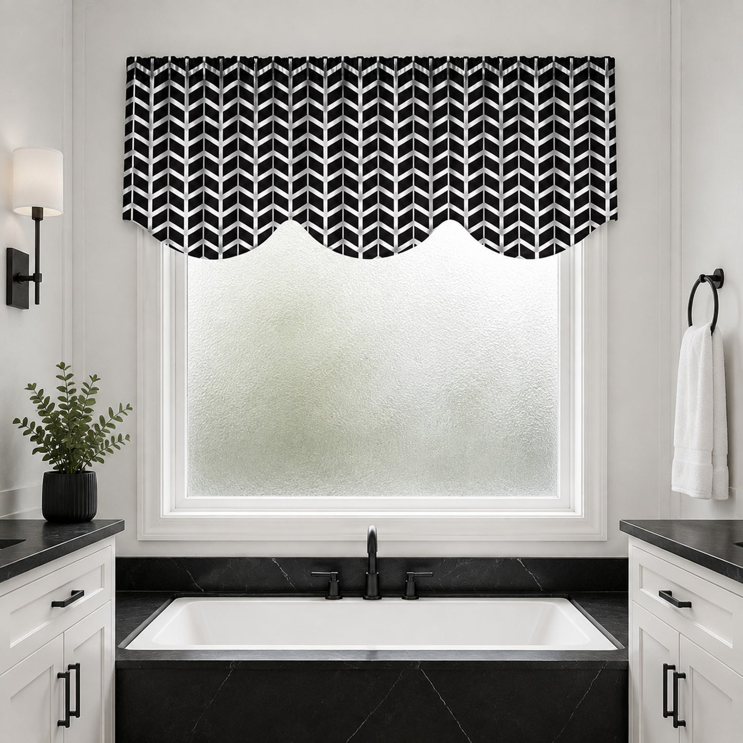 Modern Herringbone Black and White Scallops Wave Valance