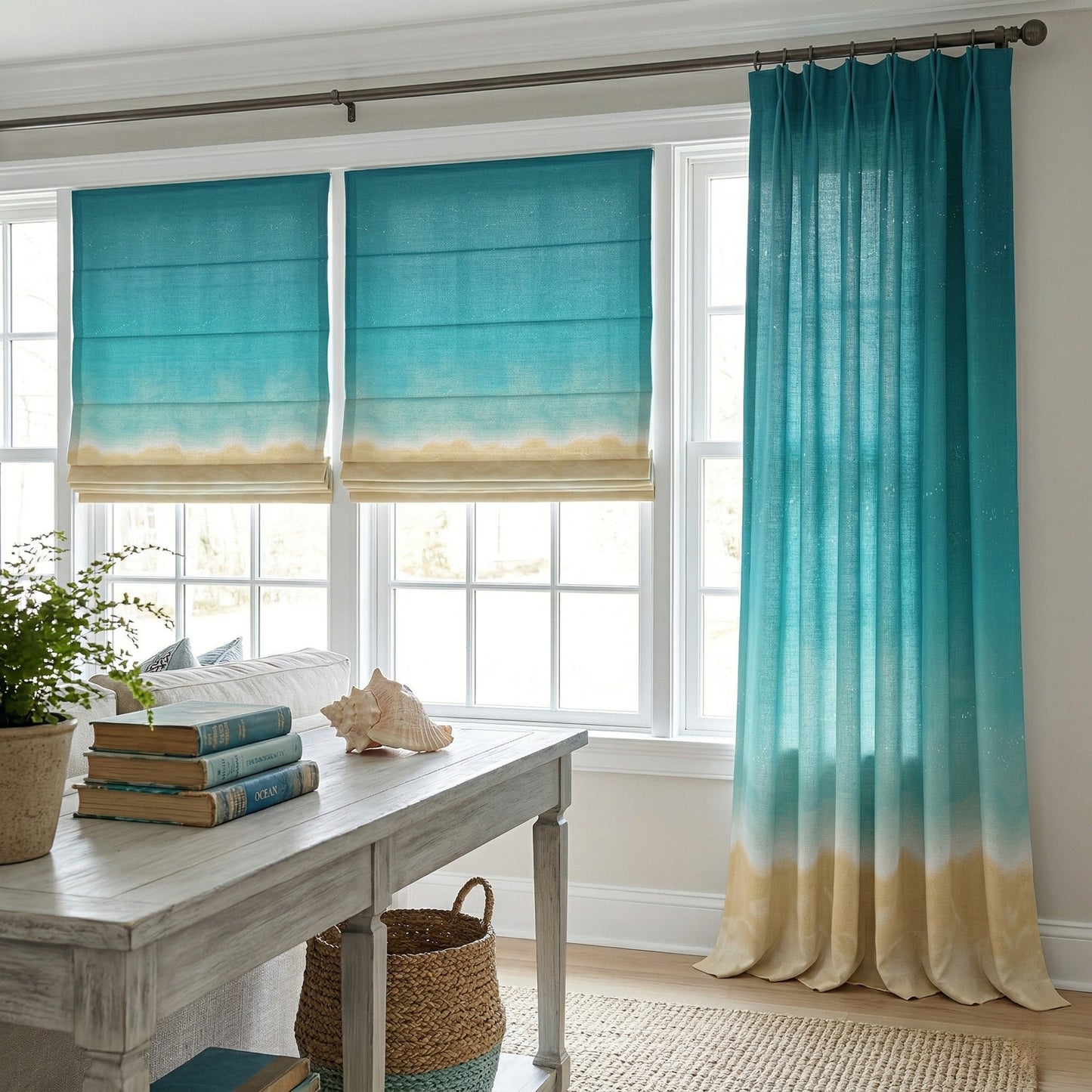 Turquoise Ombre Beach Coastal Window Roman Shades