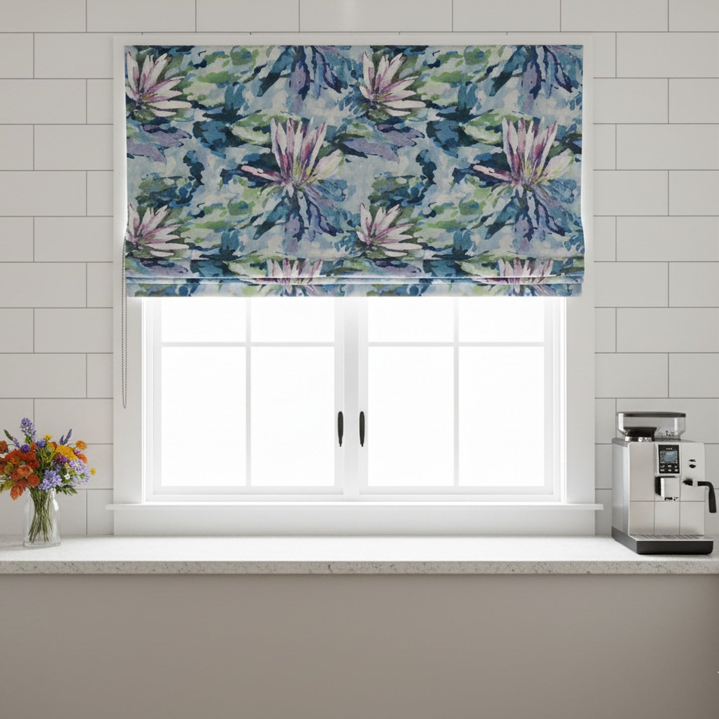 Indigo and Magenta Botanical Fabric Window Roman Shade
