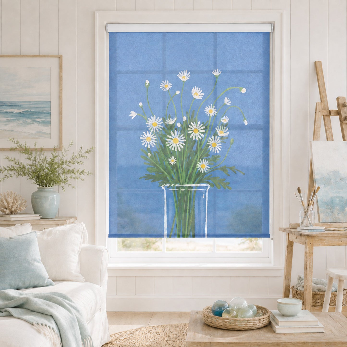 Vibrant Blue Wildflower Daisy Bouquet Window Roller Shade