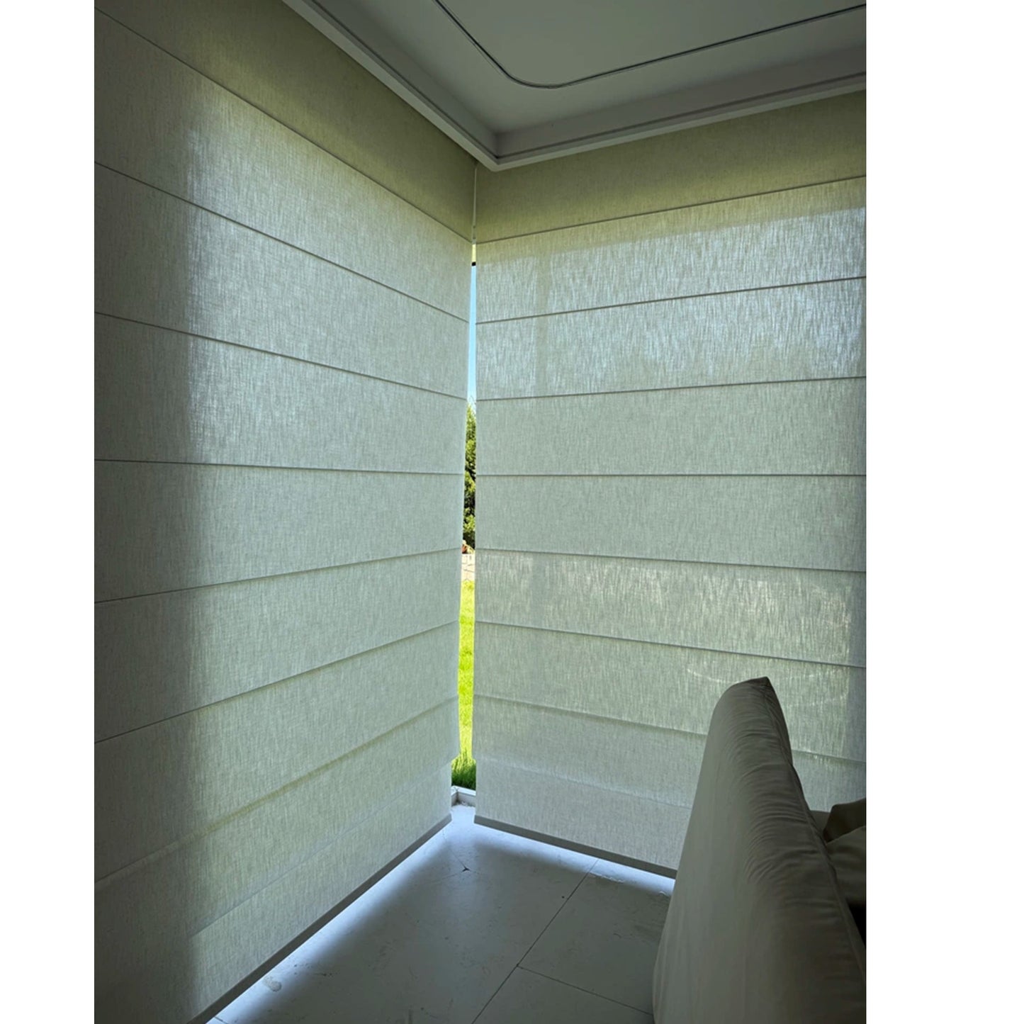 Weave Textured Light Filtering Flat Fold Roman Shade with Back Battens