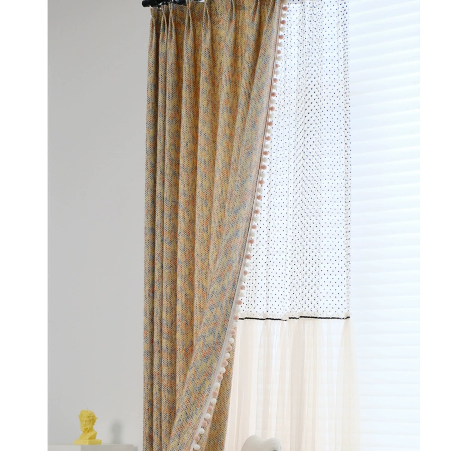 Boho Multicolor Tweed Drapery Curtains with Pom Pom Trim