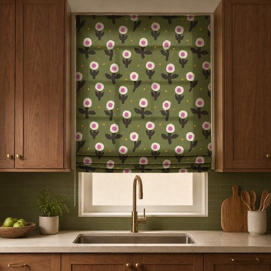 Vintage Olive Green Wildflower Floral Window Roman Shade